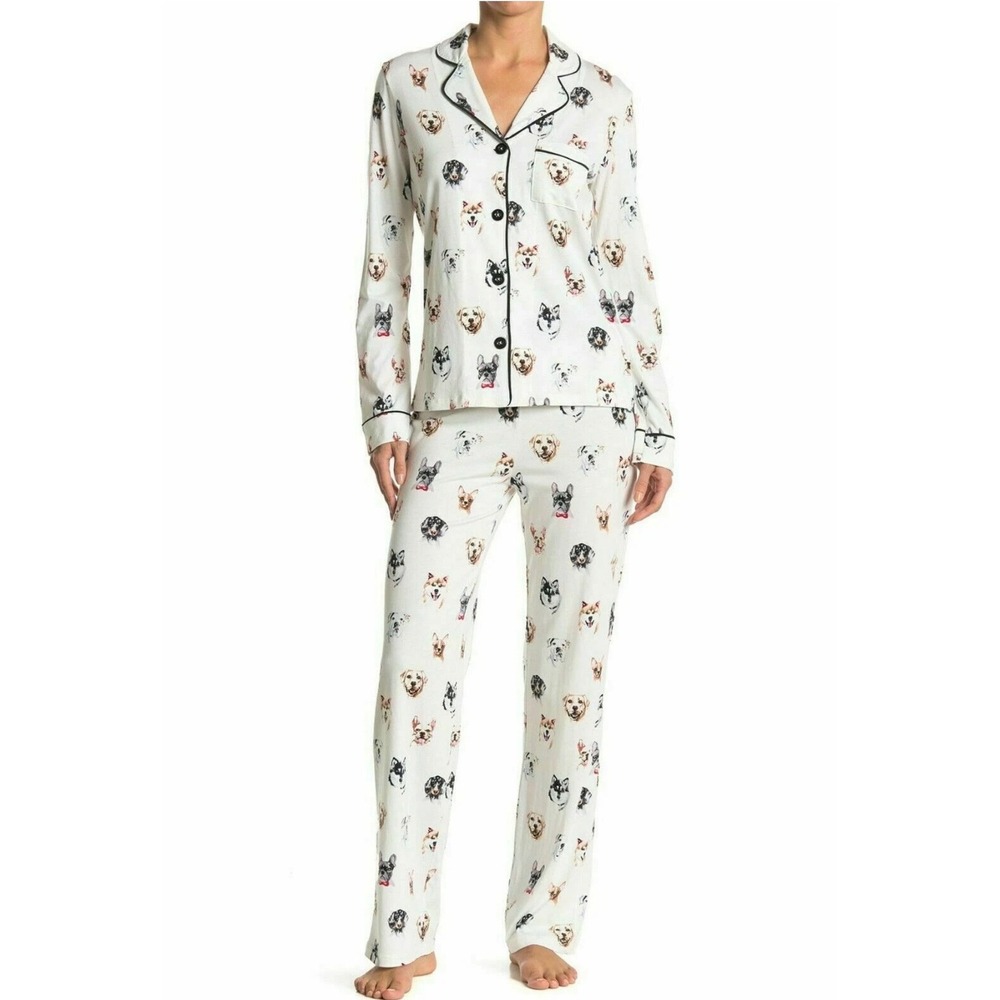 PJ Salvage Dog Print Pajama Set Size Medium White Flannel Loungewear